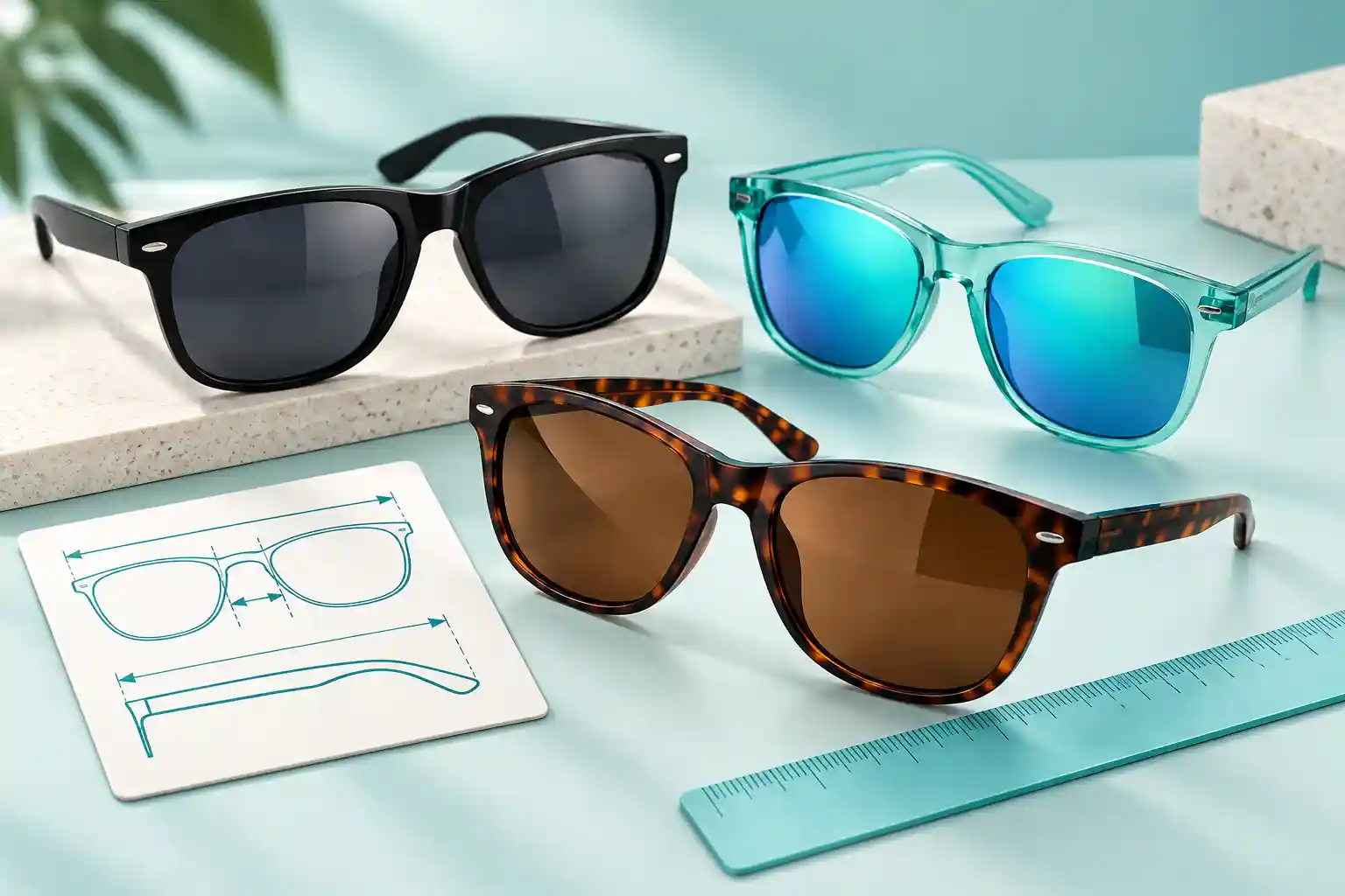 Three sunglasses frames in different styles displayed with an eyewear measurement guide and ruler