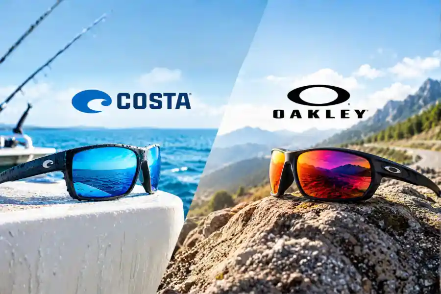 Costa vs Oakley sunglasses with Costa blue mirrored lenses by the water and Oakley sunglasses with Prizm-style mirrored lenses against a mountain landscape.